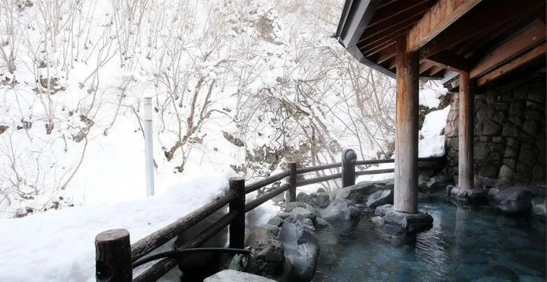 渓流のしぶき、湯煙、そして降り積もる雪・・。すべてが白く染まる日本画のような雪景色♪