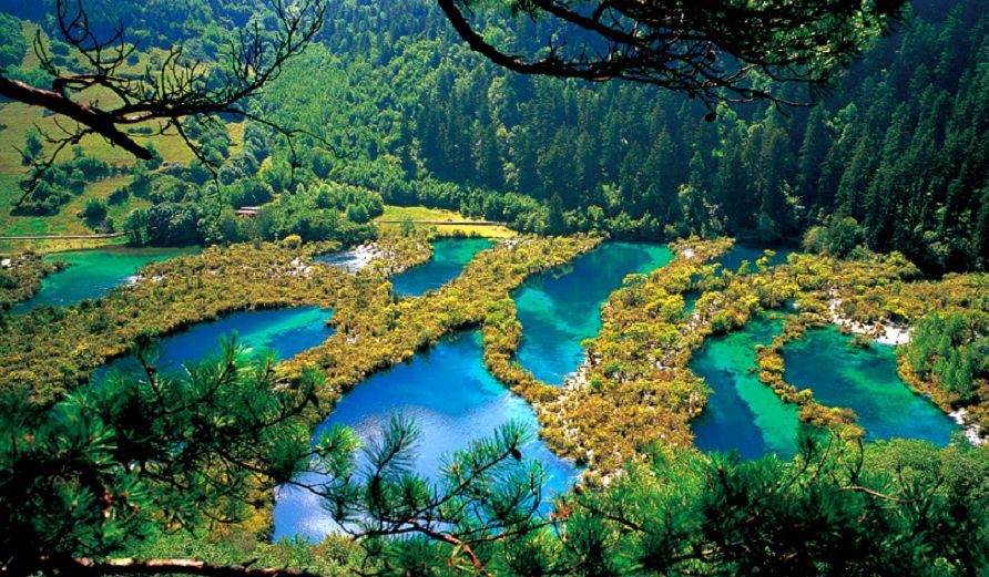 魔法の鏡のかけらの湖―中国・九寨溝の渓谷―